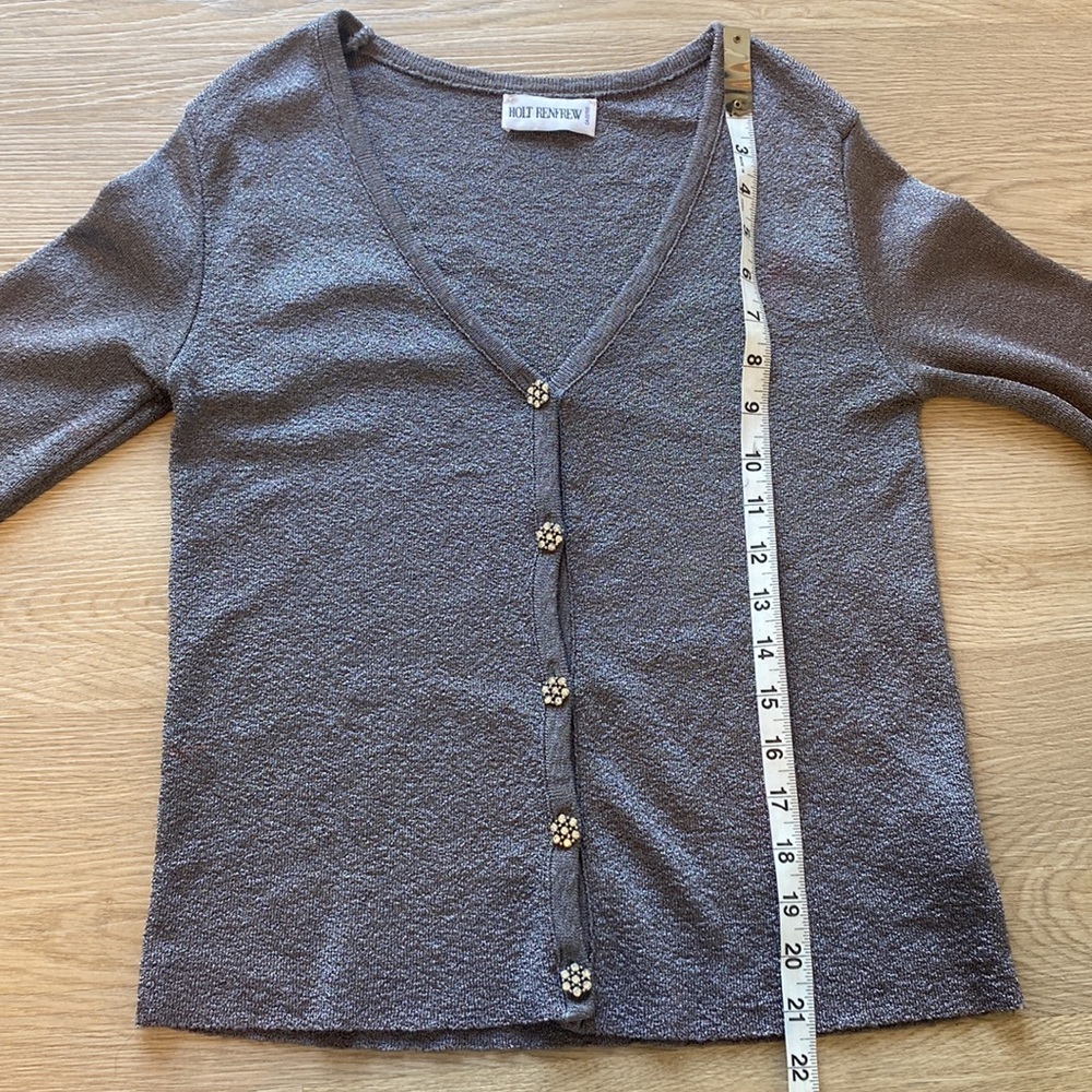 Holt Renfrew Silver Metallic Knit Cardigan | Designer V-Neck Button Sweater - Picture 8 of 9